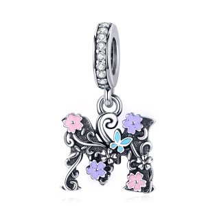 Charm Pendente Flor Letra M estilo Pandora - SCC1274 Charm Pendente Flor Letra M estilo Pandora - SCC1274