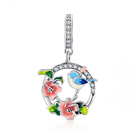 Charm Pendente Pássaros e flores estilo Pandora - SCC1726  Clique na imagem para fechar