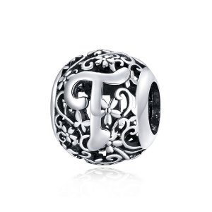 Charm Flores com orifícios, letra T estilo Pandora - SCC1444-T Charm Flores com orifícios, letra T estilo Pandora - SCC1444-T
