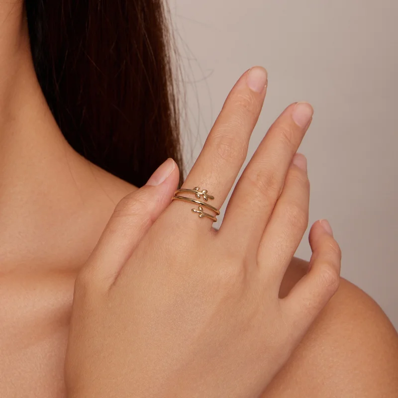 (imagem para) Anel Aberto de Círculos de Folhas Banhado a Ouro Estilo Pandora - SCR755-B - Visualizar 4