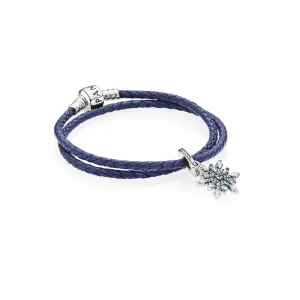 (imagem para) Bracelete PANDORA De Couro Azul Dupla Com Floco de neve