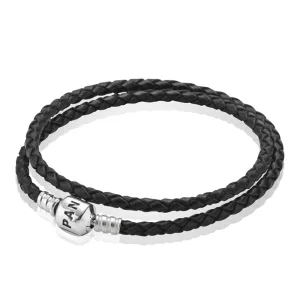 (imagem para) Bracelete PANDORA de Couro Trançado Preto de duas voltas - 590705CBK-D