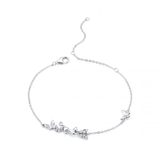 Pulseira Gato e borboletas estilo Pandora - SCB195  Clique na imagem para fechar