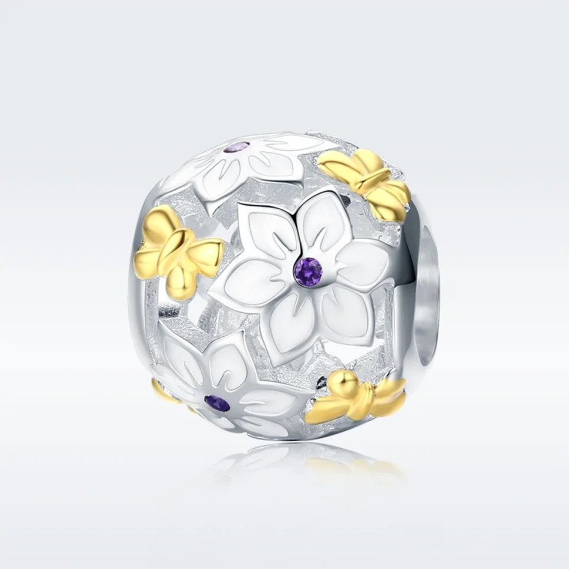 (imagem para) Charm Dois tons Flores e borboletas estilo Pandora - SCC546 - Visualizar 2