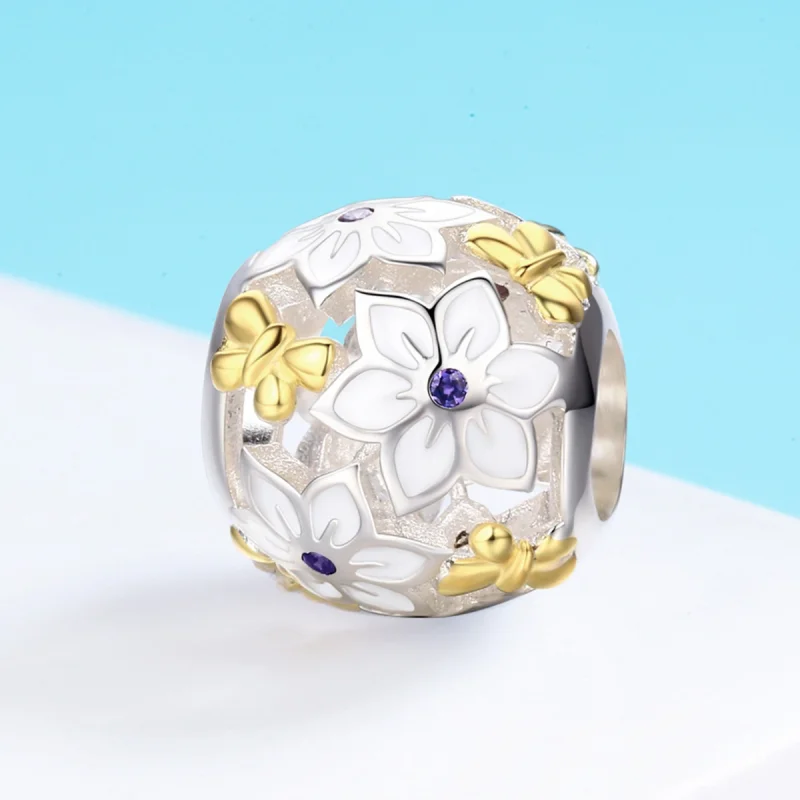 (imagem para) Charm Dois tons Flores e borboletas estilo Pandora - SCC546 - Visualizar 3