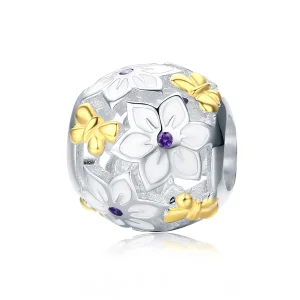 Charm Dois tons Flores e borboletas estilo Pandora - SCC546 (imagem para) Charm Dois tons Flores e borboletas estilo Pandora - SCC546