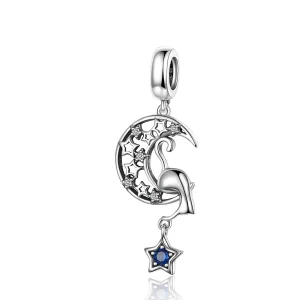 (imagem para) Charm Pendente Gato Brincando Com Estrelas estilo Pandora - SCC1205