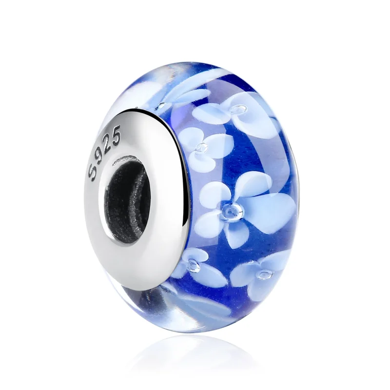 (imagem para) Pandora Style Blue Murano Glass White Flowers Charm - SCZ006 - Visualizar 2