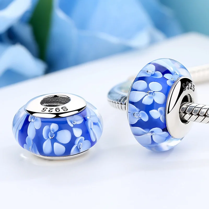(imagem para) Pandora Style Blue Murano Glass White Flowers Charm - SCZ006 - Visualizar 4