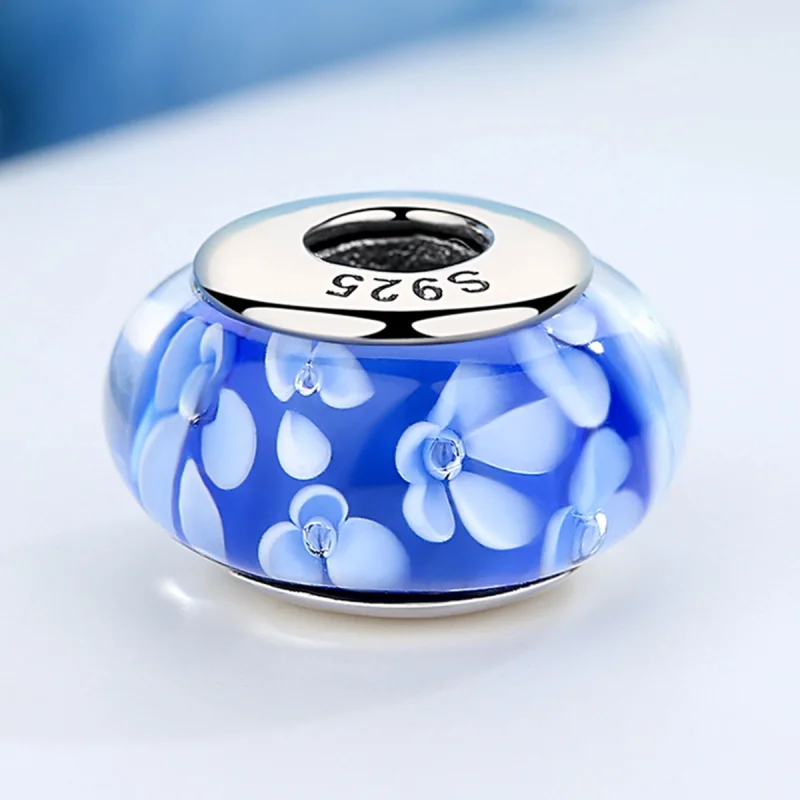 (imagem para) Pandora Style Blue Murano Glass White Flowers Charm - SCZ006 - Visualizar 5