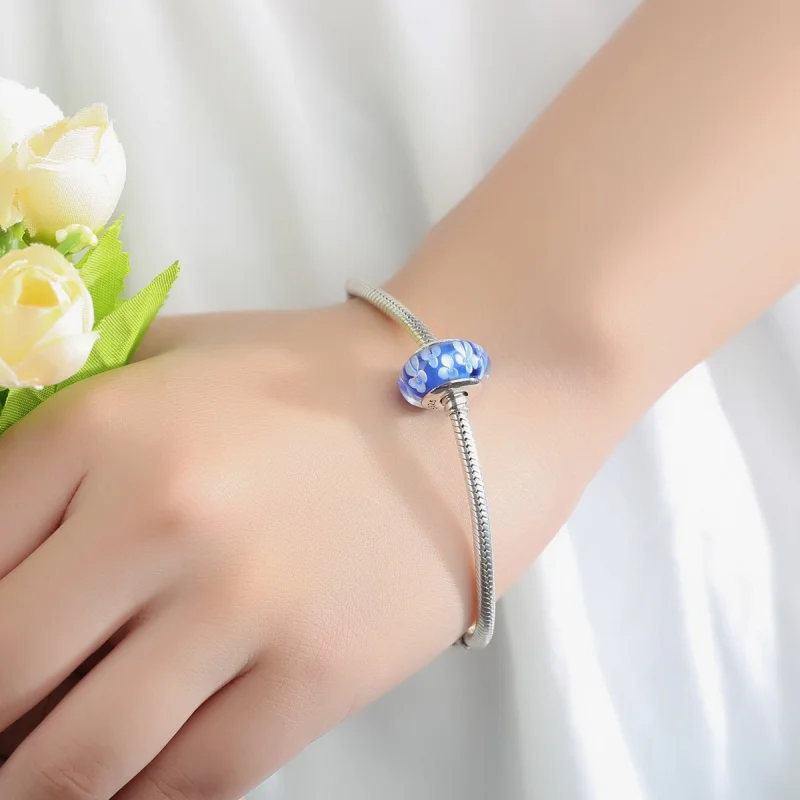 (imagem para) Pandora Style Blue Murano Glass White Flowers Charm - SCZ006 - Visualizar 6