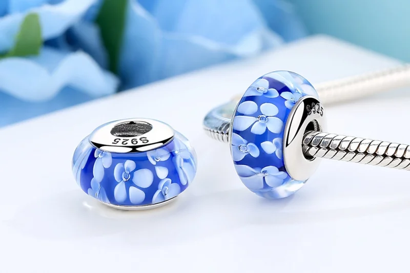 (imagem para) Pandora Style Blue Murano Glass White Flowers Charm - SCZ006 - Visualizar 8