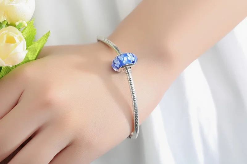(imagem para) Pandora Style Blue Murano Glass White Flowers Charm - SCZ006 - Visualizar 10