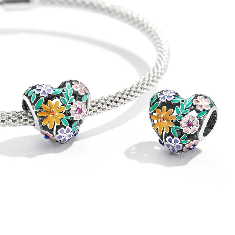 (imagem para) Pandora Style Flower Heart Charm - BSC590 - Visualizar 3
