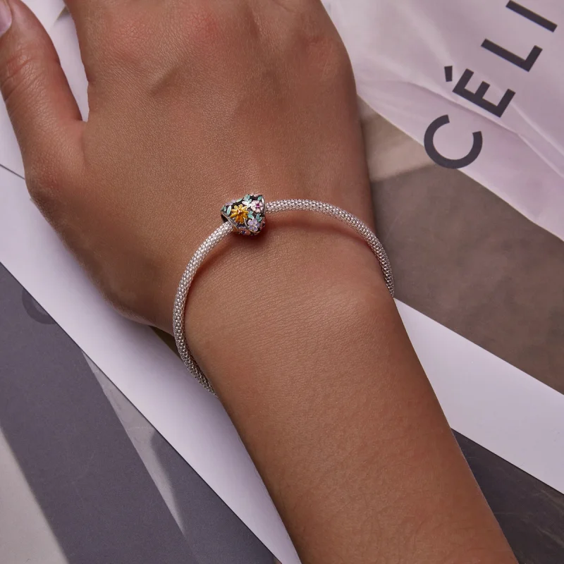 (imagem para) Pandora Style Flower Heart Charm - BSC590 - Visualizar 5