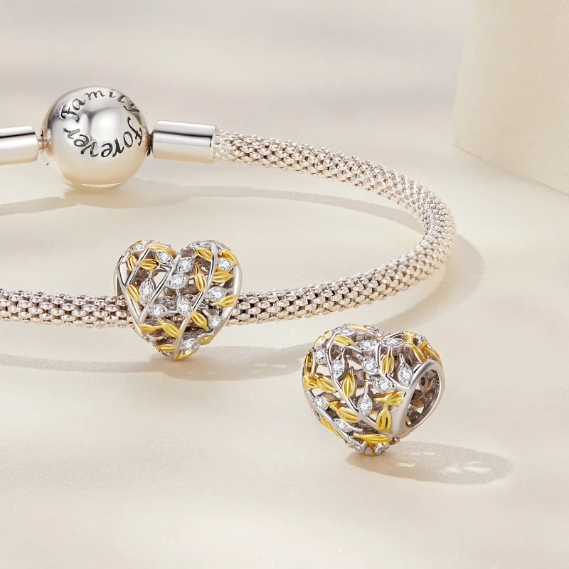 (imagem para) Pandora Style Heart Shaped Leaves Charm - BSC672 - Visualizar 3