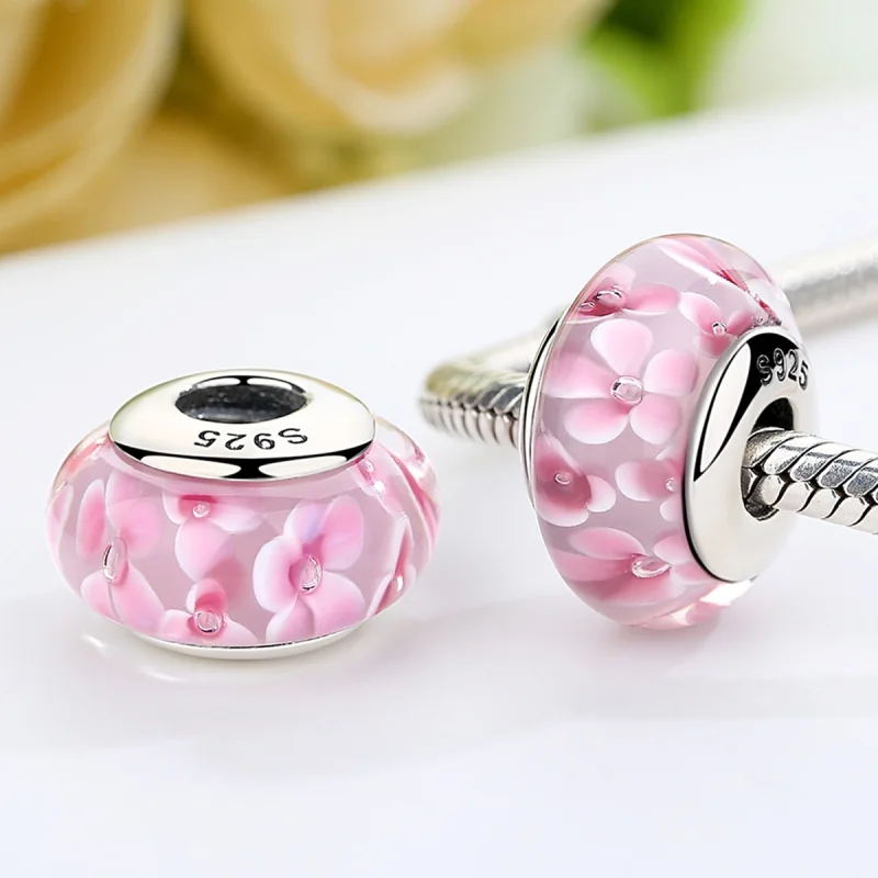 (imagem para) Pandora Style Pink Flowers Murano Glass Charm - SCZ008 - Visualizar 3