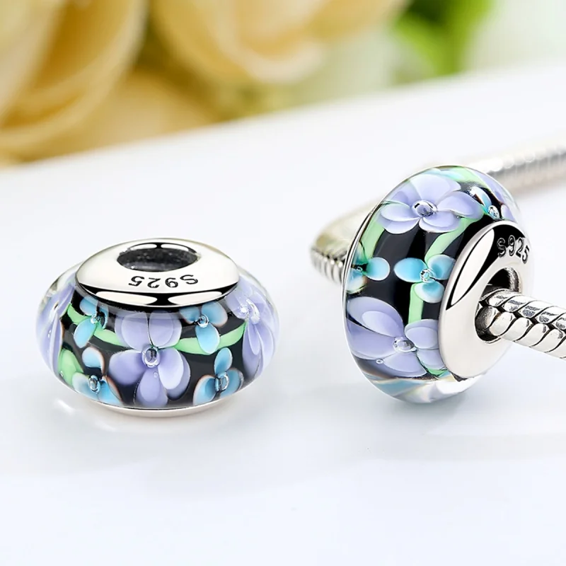 (imagem para) Pandora Style Purple Flowers Murano Glass Charm - SCZ009 - Visualizar 3