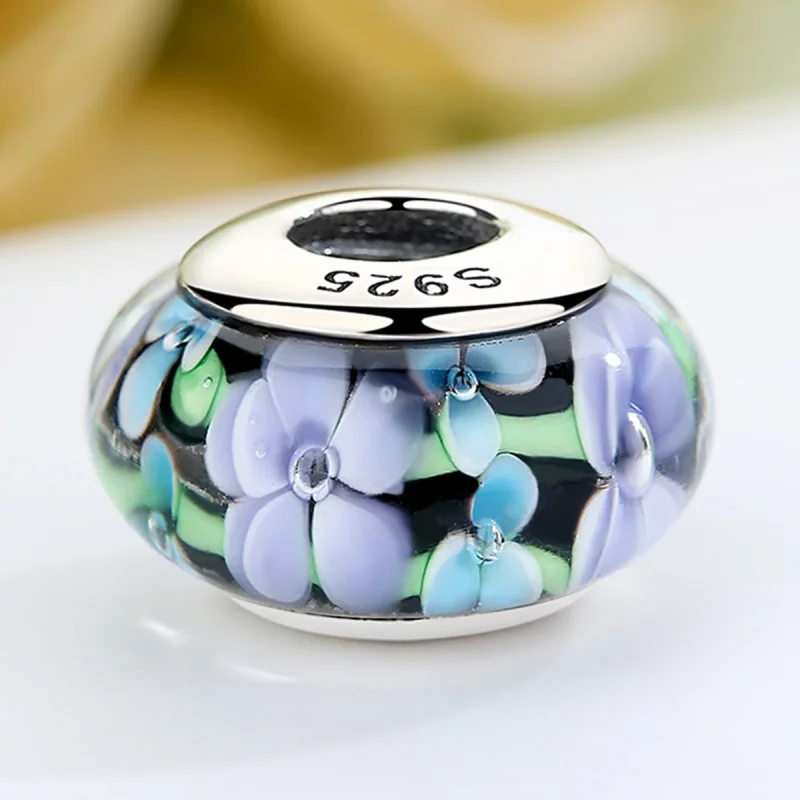 (imagem para) Pandora Style Purple Flowers Murano Glass Charm - SCZ009 - Visualizar 4