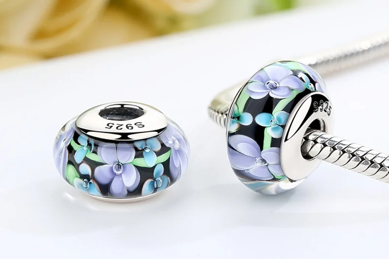 (imagem para) Pandora Style Purple Flowers Murano Glass Charm - SCZ009 - Visualizar 7