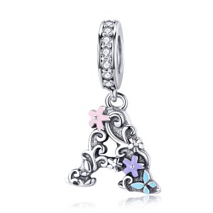 Charm Pendente Flor, Letra A estilo Pandora - SCC1273 Charm Pendente Flor, Letra A estilo Pandora - SCC1273