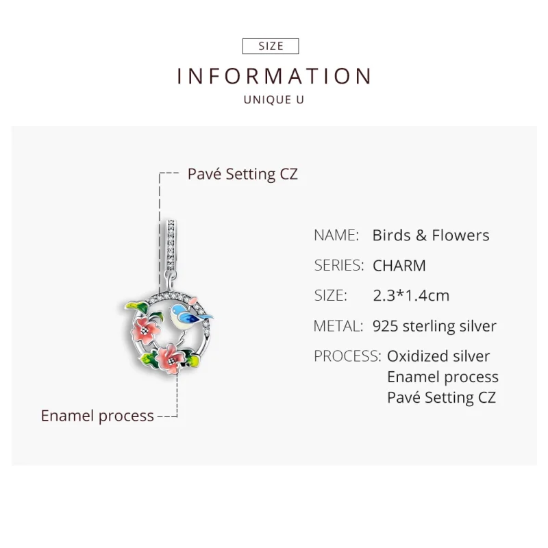 (imagem para) Charm Pendente Pássaros e flores estilo Pandora - SCC1726 - Visualizar 8