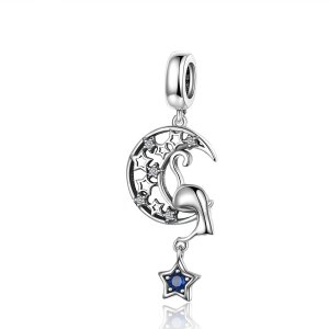 Charm Pendente Gato Brincando Com Estrelas estilo Pandora - SCC1205 Charm Pendente Gato Brincando Com Estrelas estilo Pandora - SCC1205