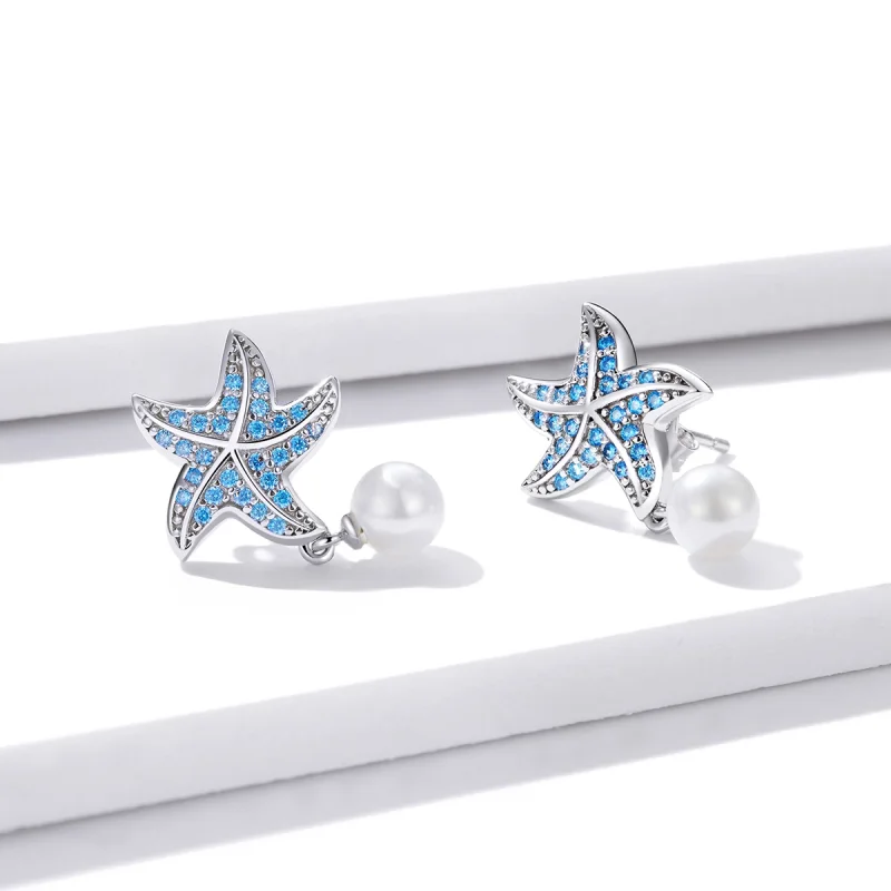 (imagem para) Brincos Petit Estrela do mar com pérolas estilo Pandora - BSE405 - Visualizar 3