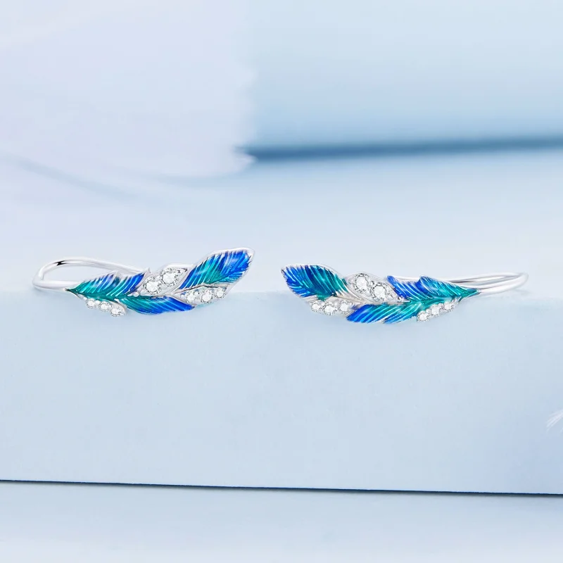 (imagem para) Pandora Style Dazzling Blue Feather Hanging Earrings - BSE707 - Visualizar 2