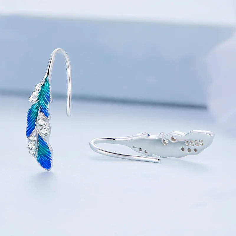 (imagem para) Pandora Style Dazzling Blue Feather Hanging Earrings - BSE707 - Visualizar 3