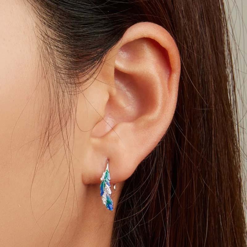 (imagem para) Pandora Style Dazzling Blue Feather Hanging Earrings - BSE707 - Visualizar 5