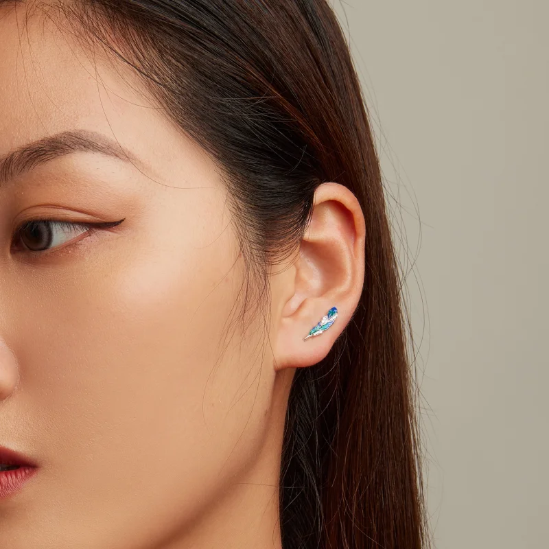 (imagem para) Pandora Style Dazzling Blue Feather Hanging Earrings - BSE707 - Visualizar 7