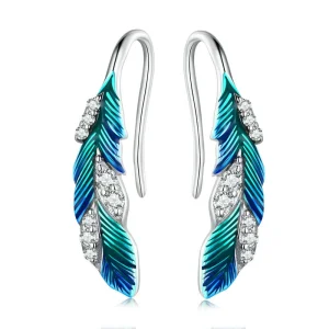 (imagem para) Pandora Style Dazzling Blue Feather Hanging Earrings - BSE707