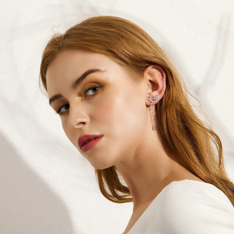 (imagem para) Pandora Style Flower Love Hanging Earrings - BSE288 - Visualizar 3