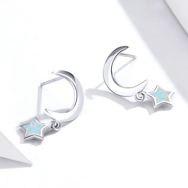 (imagem para) Pandora Style Moon and Star Opal Hanging Earrings - SCE707 - Visualizar 4