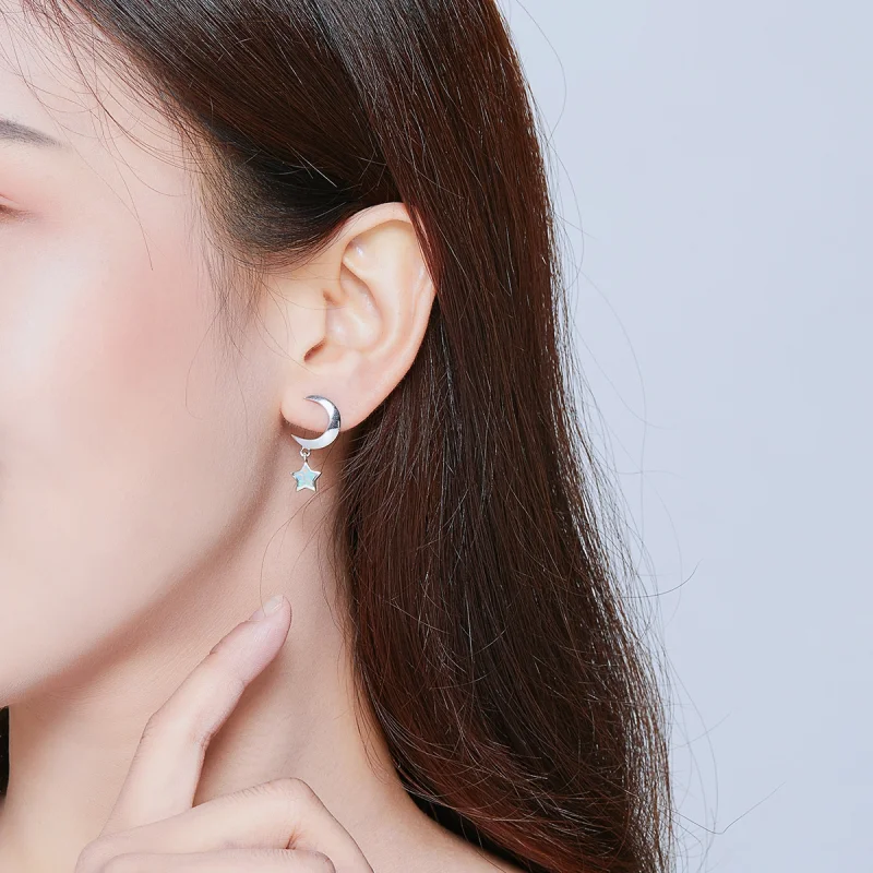 (imagem para) Pandora Style Moon and Star Opal Hanging Earrings - SCE707 - Visualizar 5