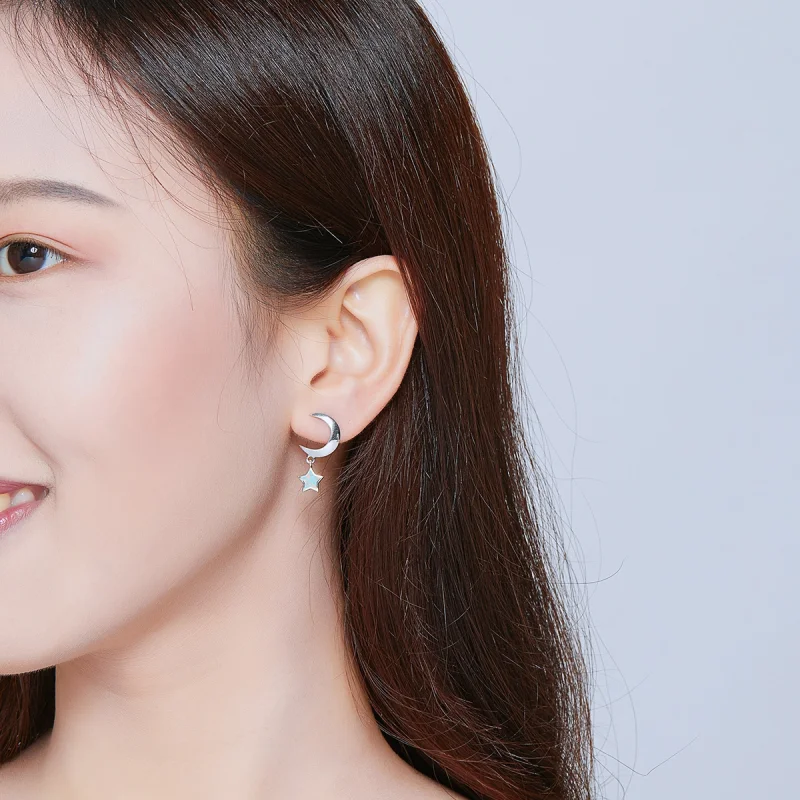 (imagem para) Pandora Style Moon and Star Opal Hanging Earrings - SCE707 - Visualizar 7