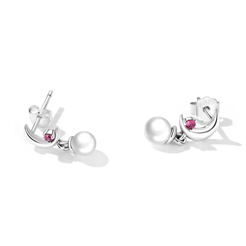 (imagem para) Pandora Style Pearl Moon Hanging Earrings - SCE1430 - Visualizar 2