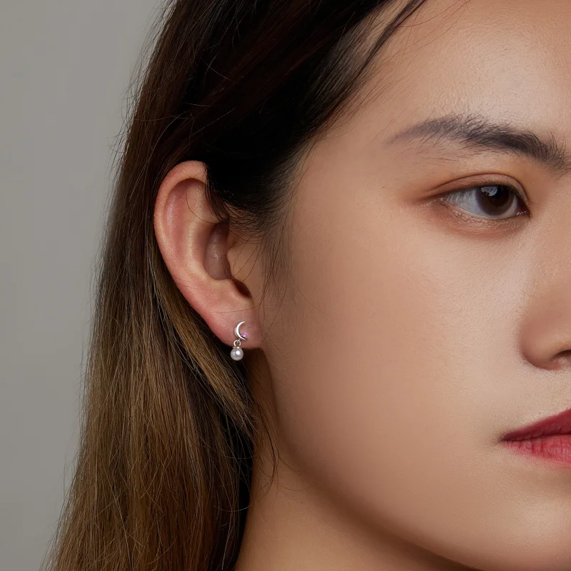 (imagem para) Pandora Style Pearl Moon Hanging Earrings - SCE1430 - Visualizar 6