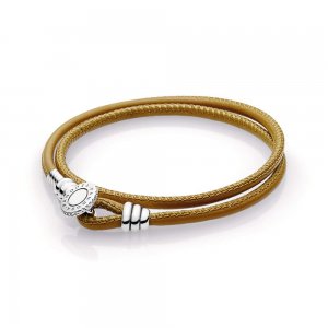 Bracelete PANDORA de Couro de Duas Voltas Dourado