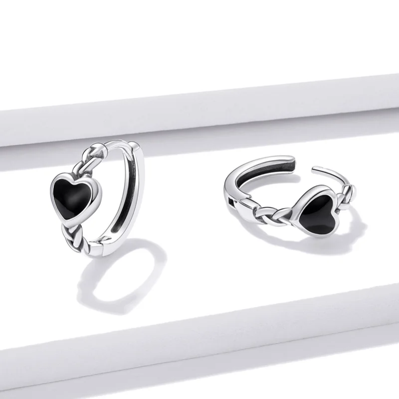(imagem para) Pandora Style Black Heart Hoop Earrings - BSE456 - Visualizar 3