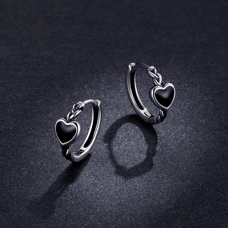 (imagem para) Pandora Style Black Heart Hoop Earrings - BSE456 - Visualizar 4