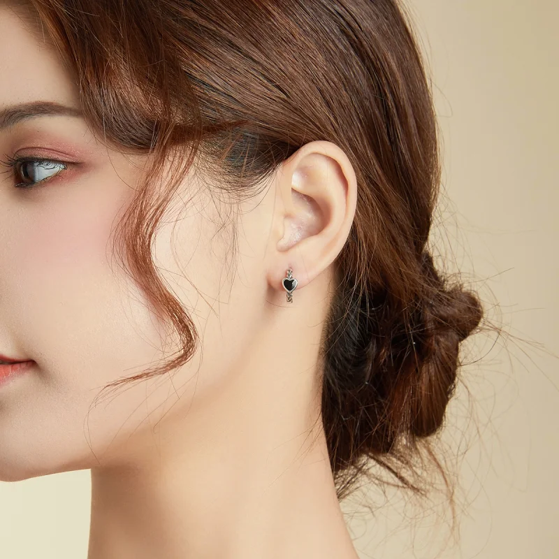 (imagem para) Pandora Style Black Heart Hoop Earrings - BSE456 - Visualizar 7