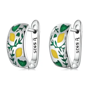 Pandora Style Green Leaf Lemon Hoop Earrings - SCE1376 (imagem para) Pandora Style Green Leaf Lemon Hoop Earrings - SCE1376