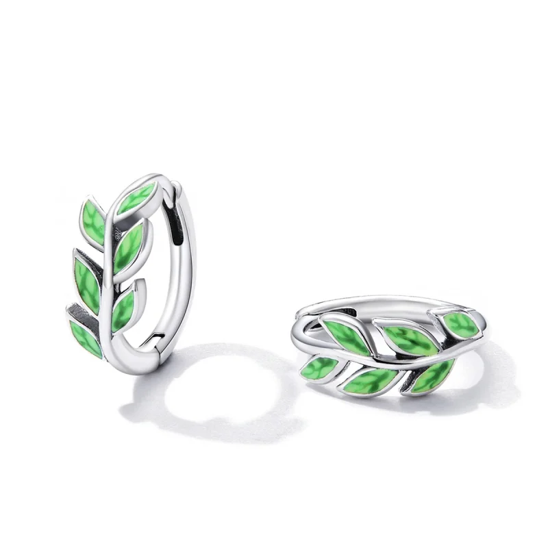 (imagem para) Pandora Style Green Leaves Hoop Earrings - SCE1392 - Visualizar 2