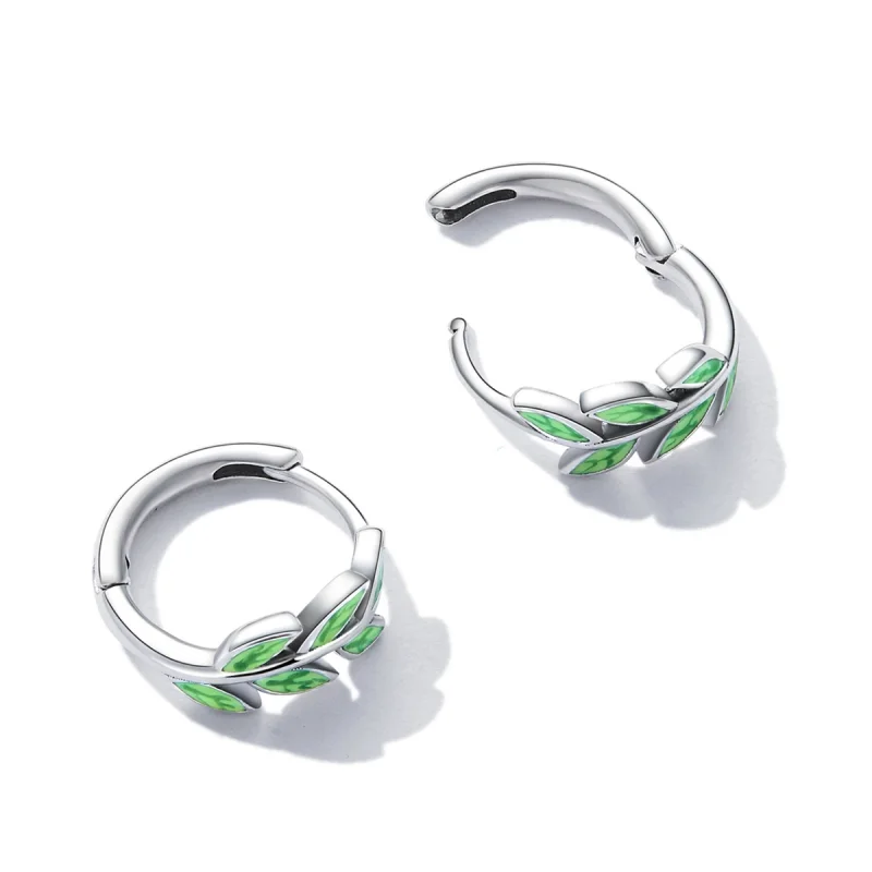 (imagem para) Pandora Style Green Leaves Hoop Earrings - SCE1392 - Visualizar 4