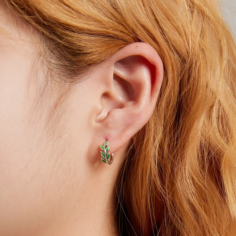 (imagem para) Pandora Style Green Leaves Hoop Earrings - SCE1392 - Visualizar 5