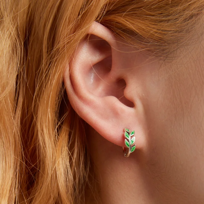 (imagem para) Pandora Style Green Leaves Hoop Earrings - SCE1392 - Visualizar 6