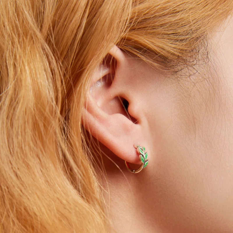 (imagem para) Pandora Style Green Leaves Hoop Earrings - SCE1392 - Visualizar 7