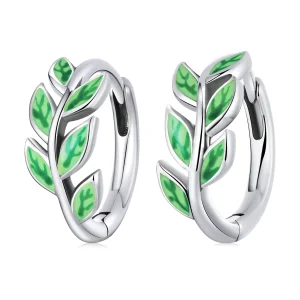 (imagem para) Pandora Style Green Leaves Hoop Earrings - SCE1392
